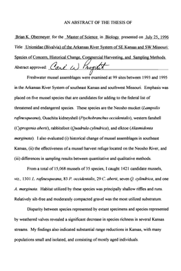 AN ABSTRACT of the THESIS of Brian K. Obenneyer for the Master of Science in Biology Presented on July 25, 1996 Title: Unionidae