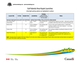 Gulf Islands Area Kayak Launches (Overnight Parking Options Are Highlighted in Yellow)