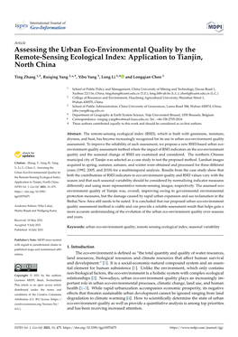 Assessing the Urban Eco-Environmental Quality by the Remote-Sensing Ecological Index: Application to Tianjin, North China