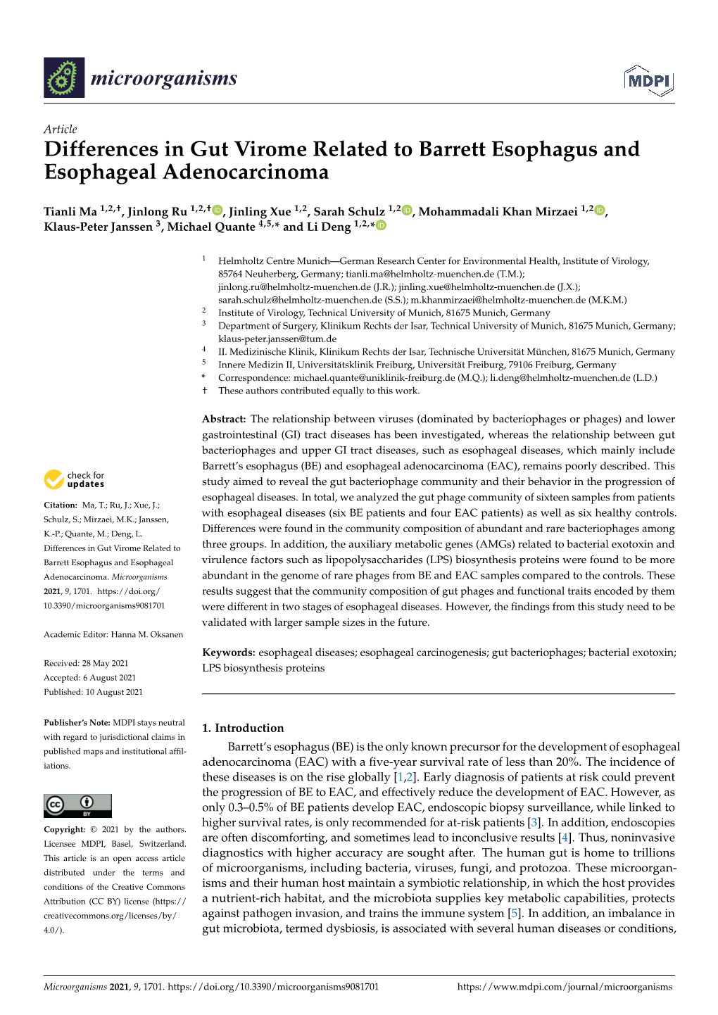 Differences in Gut Virome Related to Barrett Esophagus and Esophageal Adenocarcinoma