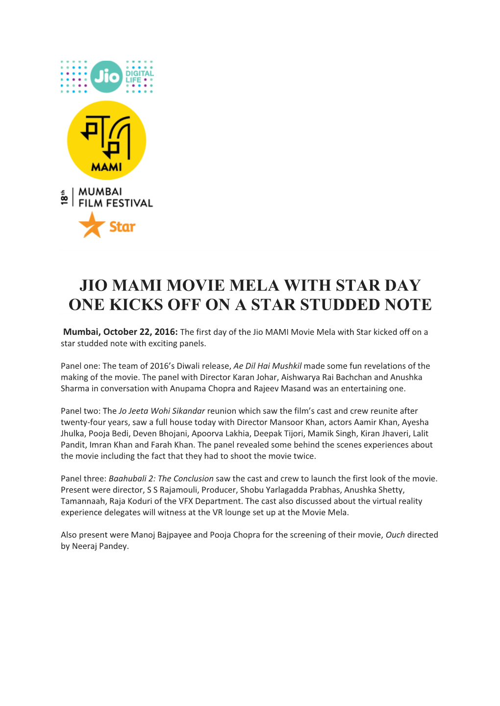 Jio Mami Movie Mela with Star Day One Kicks Off on a Star Studded Note