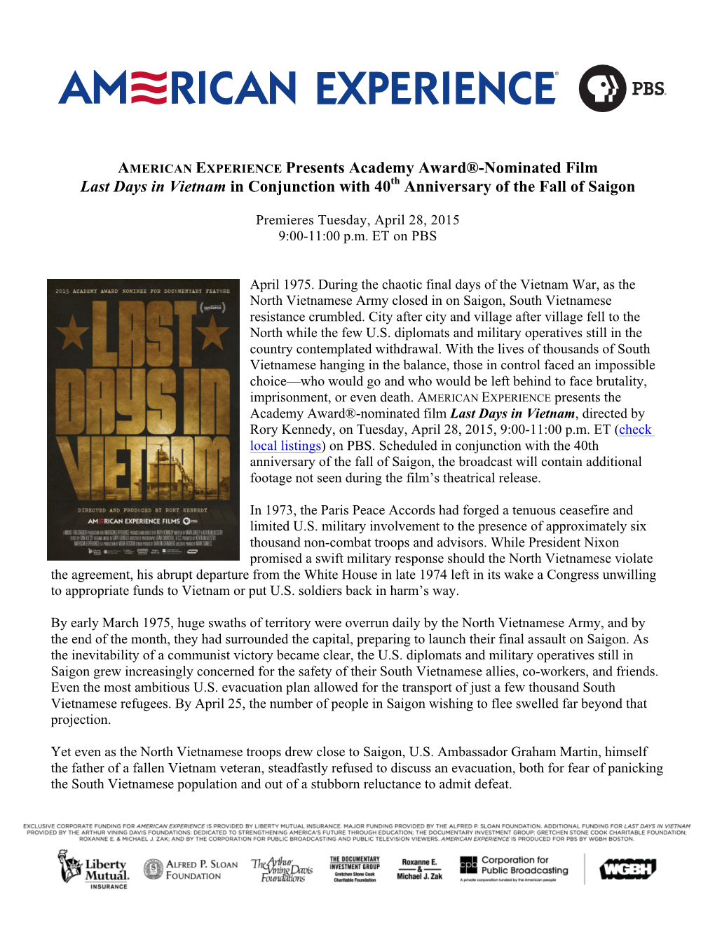 AMERICAN EXPERIENCE Presents Academy Award®-Nominated Film Last Days in Vietnam in Conjunction with 40Th Anniversary of the Fall of Saigon