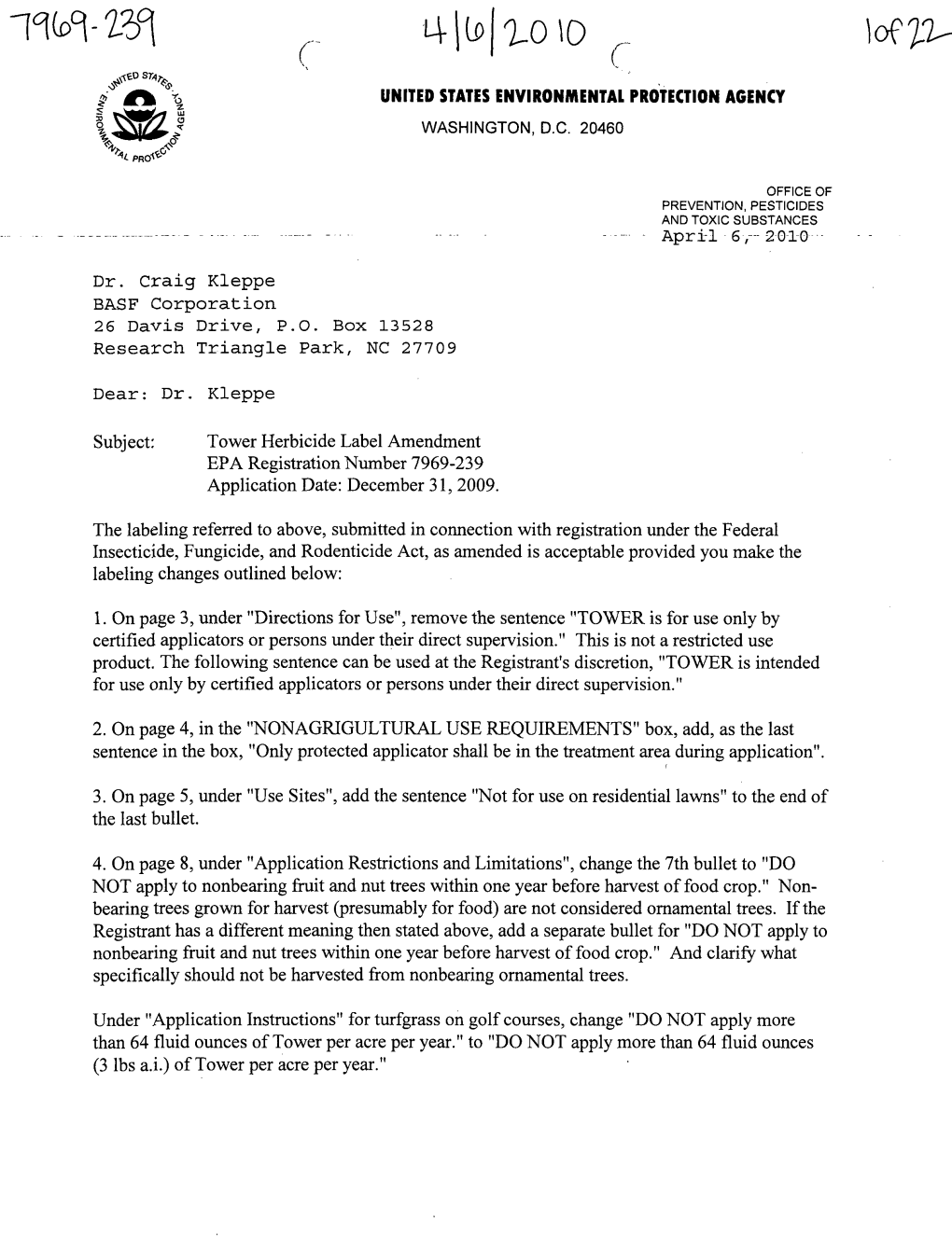 U.S. EPA, Pesticides, Label, TOWER HERBICIDE, 4/6/2010