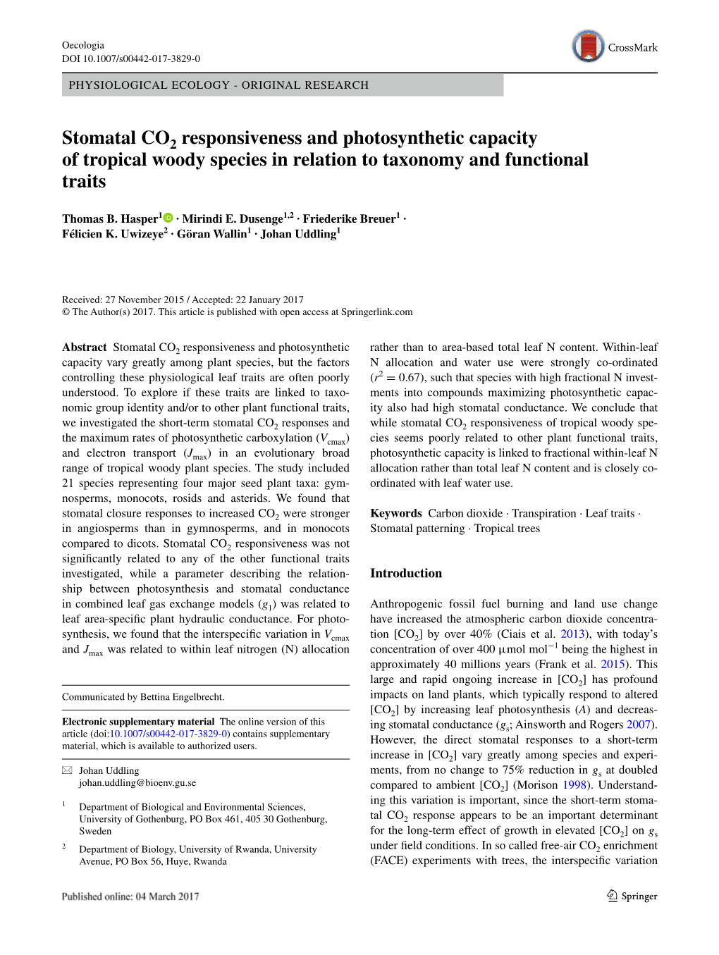 Stomatal CO2 Responsiveness and Photosynthetic Capacity of Tropical Woody Species in Relation to Taxonomy and Functional Traits