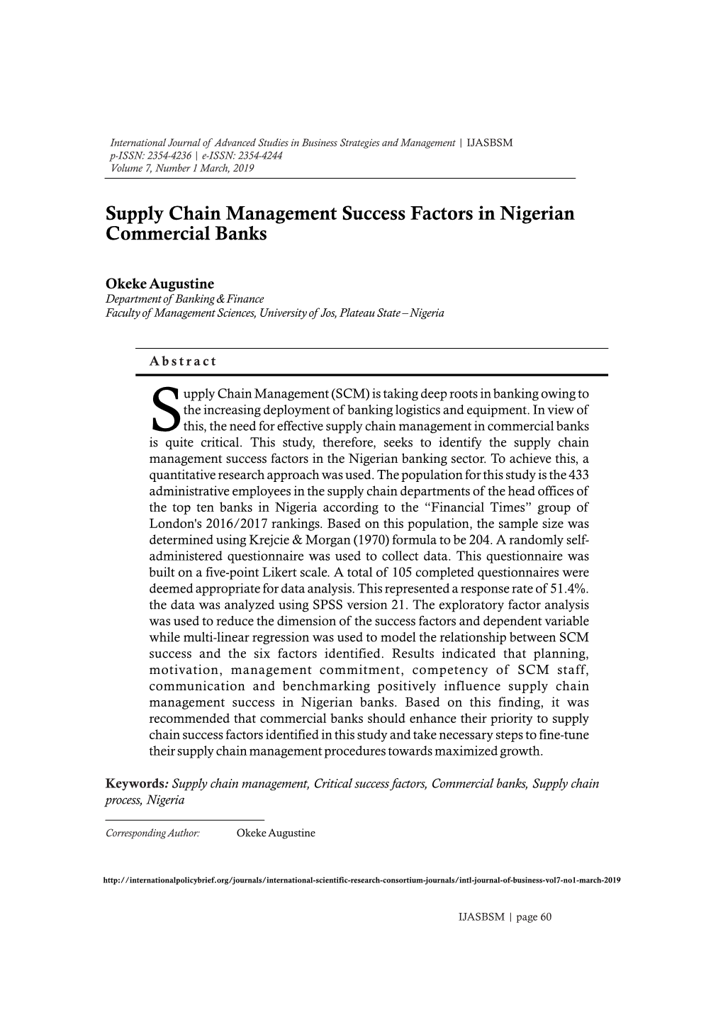 Supply Chain Management Success Factors in Nigerian Commercial Banks