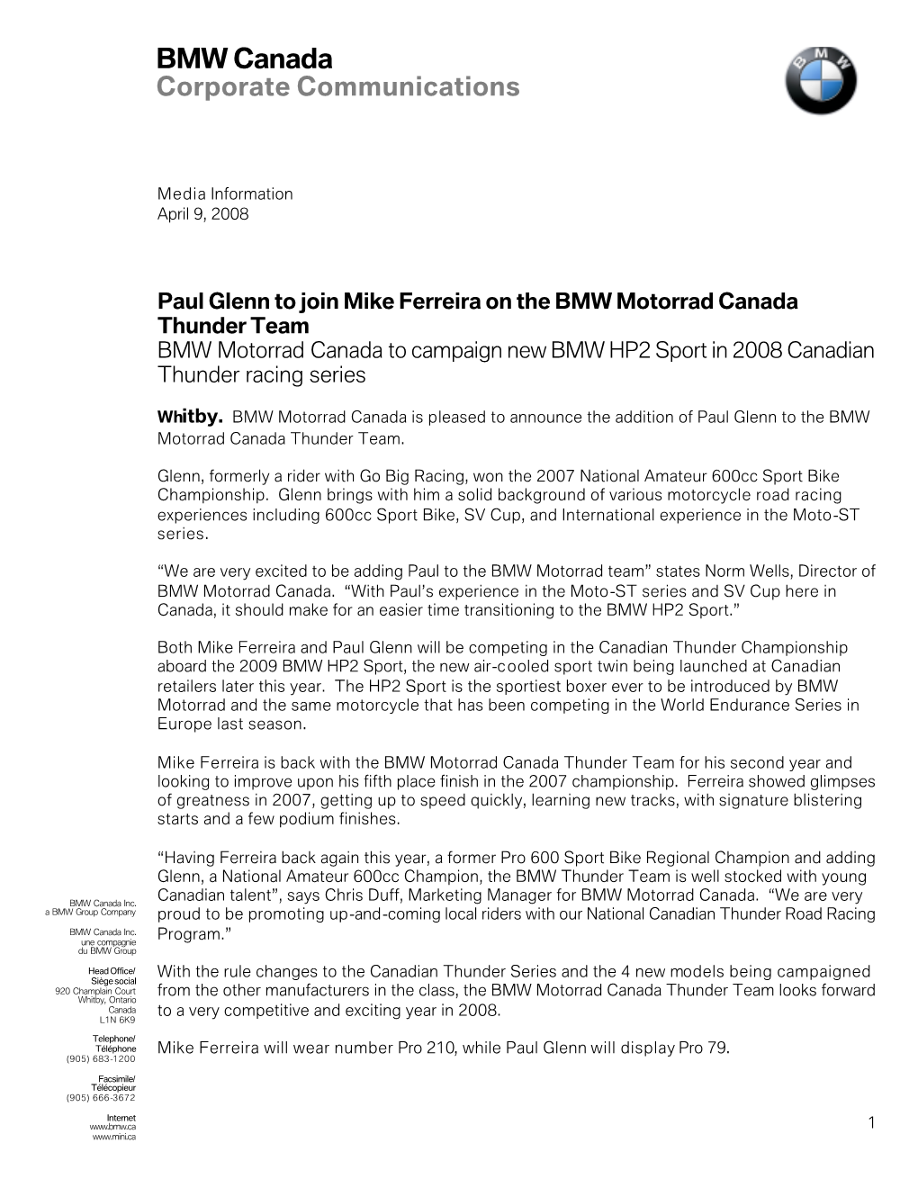 Paul Glenn Joins BMW Motorrad Thunder Team Apr2008final