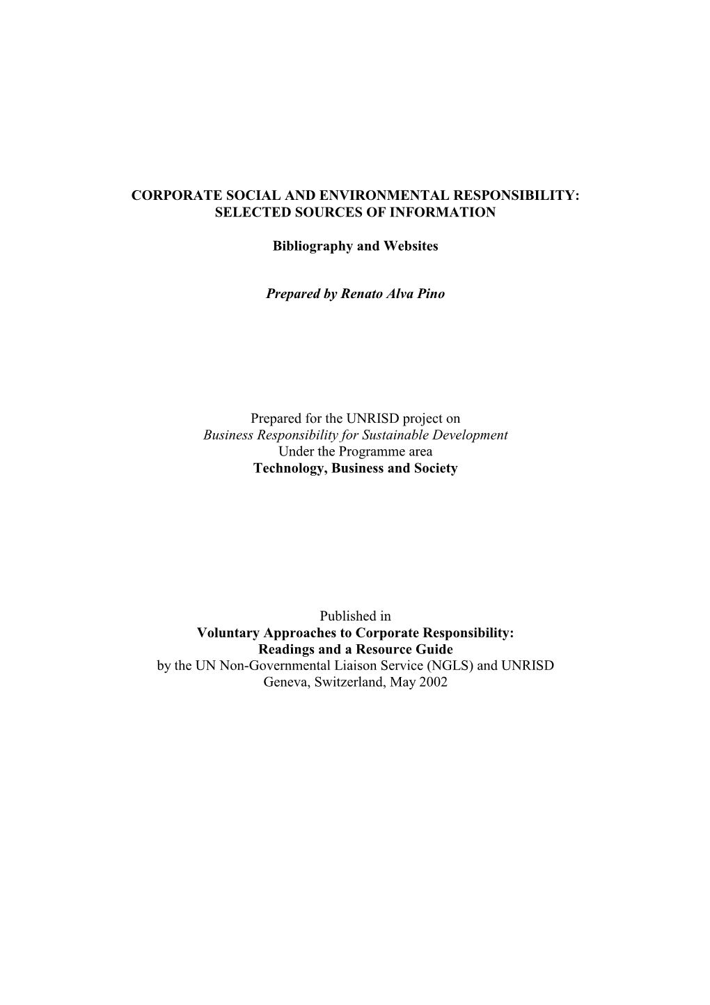 Corporate Social and Environmental Responsibility: Selected Sources of Information