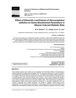 Effect of Ethanolic Leaf Extract of Sarcocephalus Latifolius on Some Biochemical Parameters in Alloxan Induced Diabetic Rats