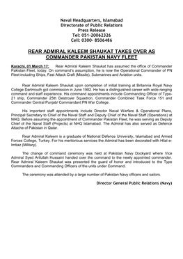 Rear Admiral Kaleem Shaukat Takes Over As Commander Pakistan Navy Fleet