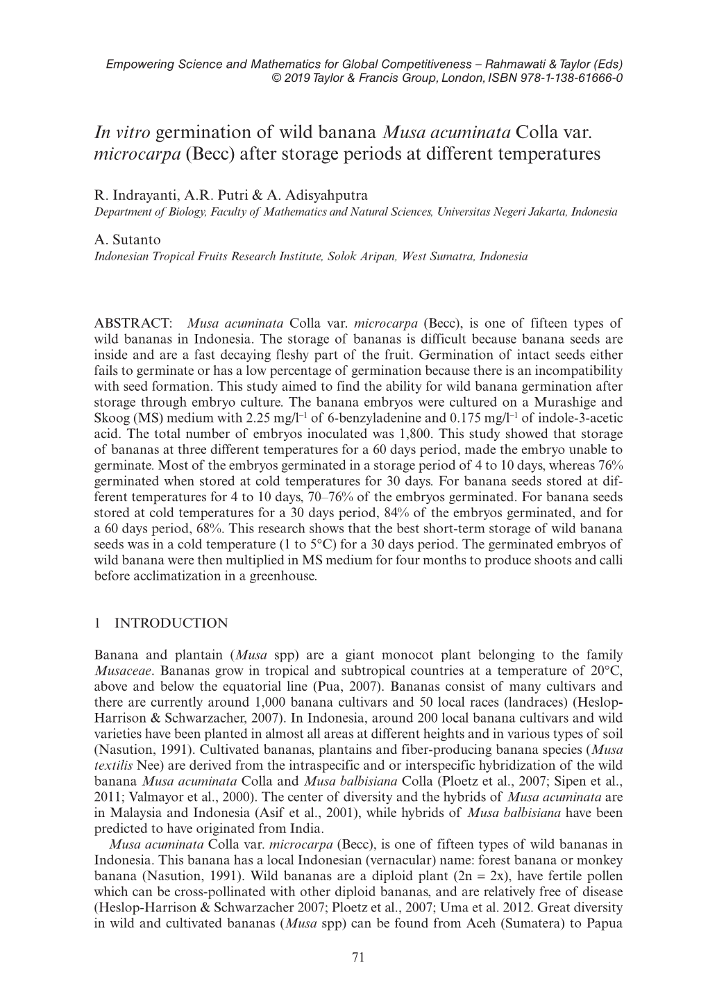 In Vitro Germination of Wild Banana Musa Acuminata Colla Var. Microcarpa (Becc) After Storage Periods at Different Temperatures