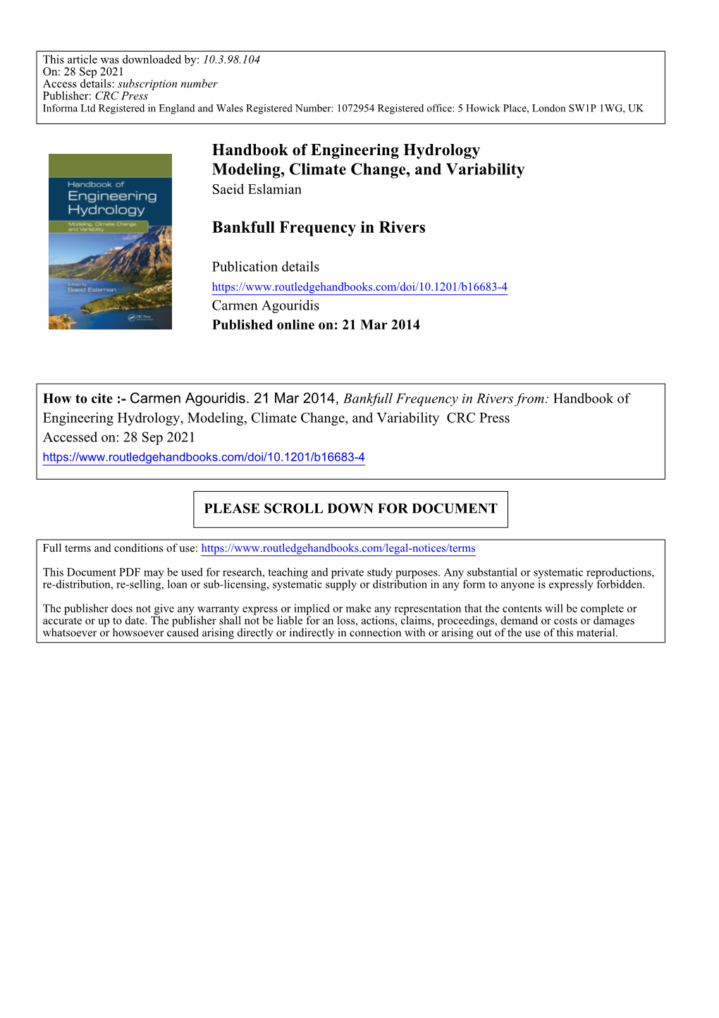 Handbook of Engineering Hydrology Modeling, Climate Change, and Variability Saeid Eslamian