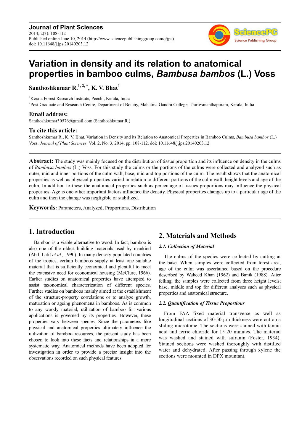 Variation in Density and Its Relation to Anatomical Properties in Bamboo Culms, Bambusa Bambos (L.) Voss