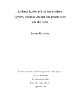 Jordanus Ruffus and the Late-Medieval Hippiatric Tradition: Animal-Care Practitioners and the Horse