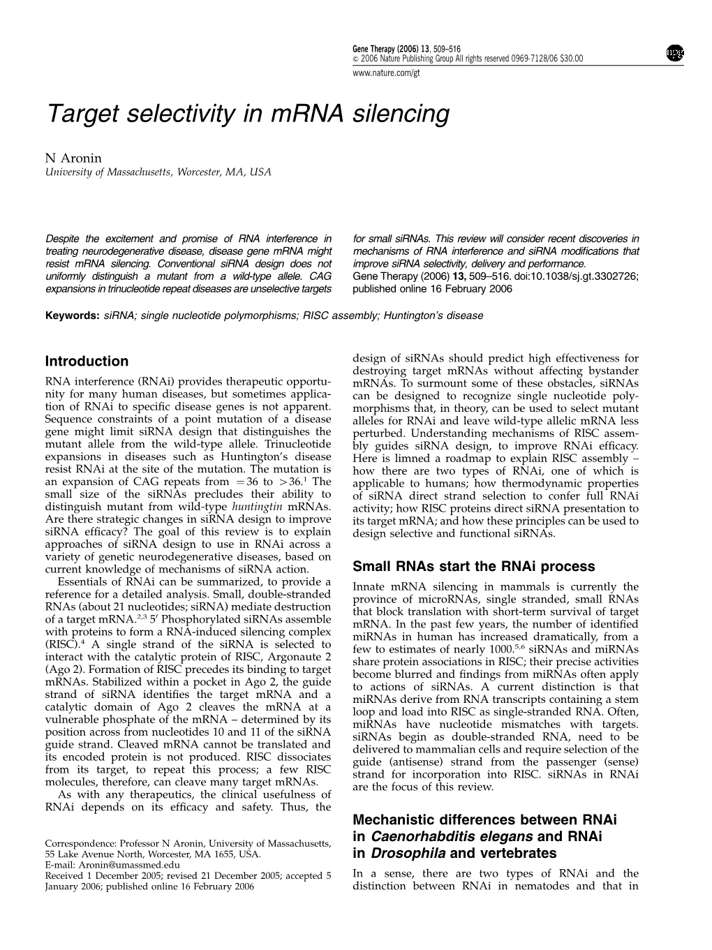 Target Selectivity in Mrna Silencing