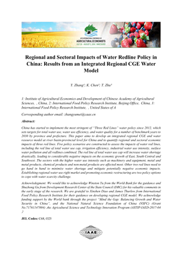 Regional and Sectoral Impacts of Water Redline Policy in China: Results from an Integrated Regional CGE Water Model