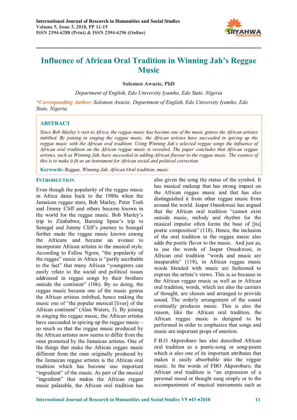 Influence of African Oral Tradition in Winning Jah's Reggae Music