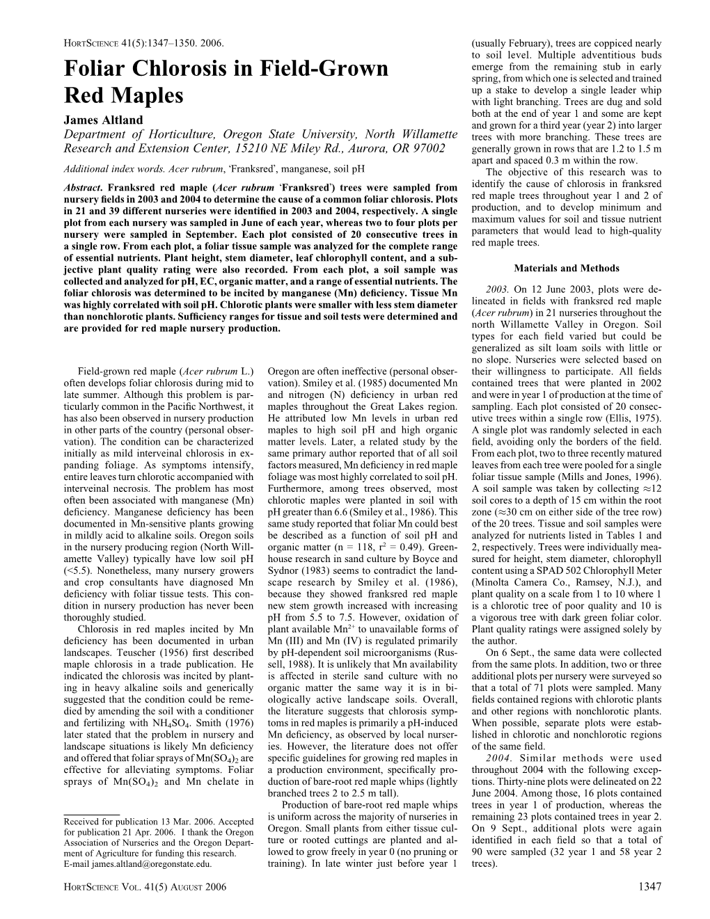 Foliar Chlorosis in Field-Grown Red Maples