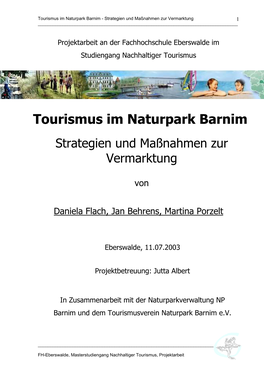Tourismus Im Naturpark Barnim - Strategien Und Maßnahmen Zur Vermarktung 1 ______