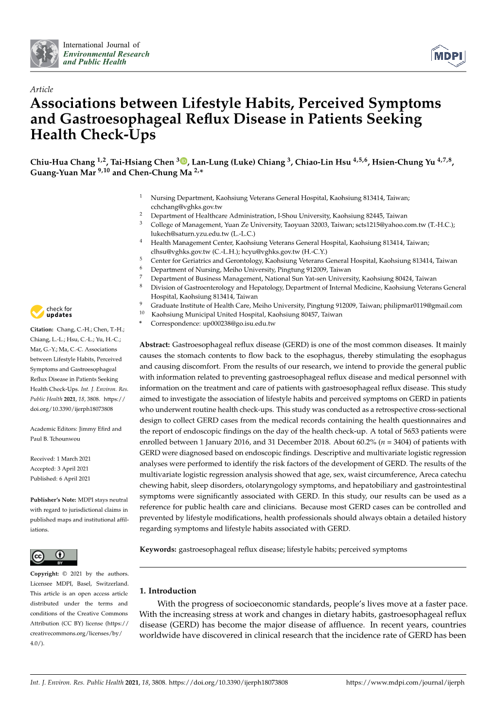 Associations Between Lifestyle Habits, Perceived Symptoms and Gastroesophageal Reﬂux Disease in Patients Seeking Health Check-Ups