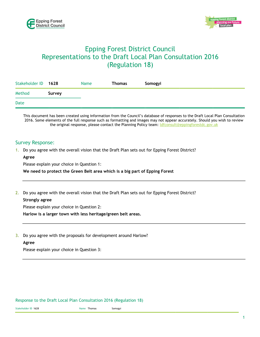 Epping Forest District Council Representations to the Draft Local Plan Consultation 2016 (Regulation 18)