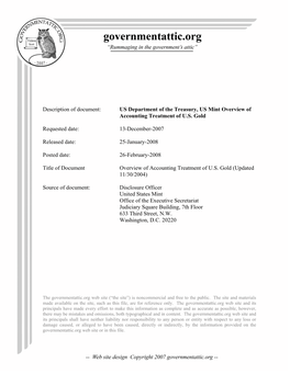 US Mint Overview of Accounting Treatment of U.S. Gold