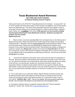 Texas Bluebonnet Award Nominees ESD THIRD and FOURTH GRADES an Optional Reading Incentive Program