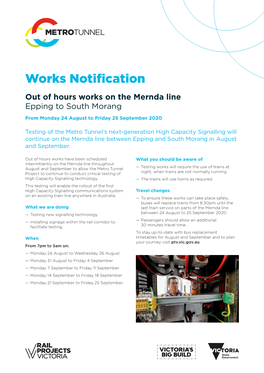 Mernda Line, High Capacity Signalling Testing Works Notification, August To