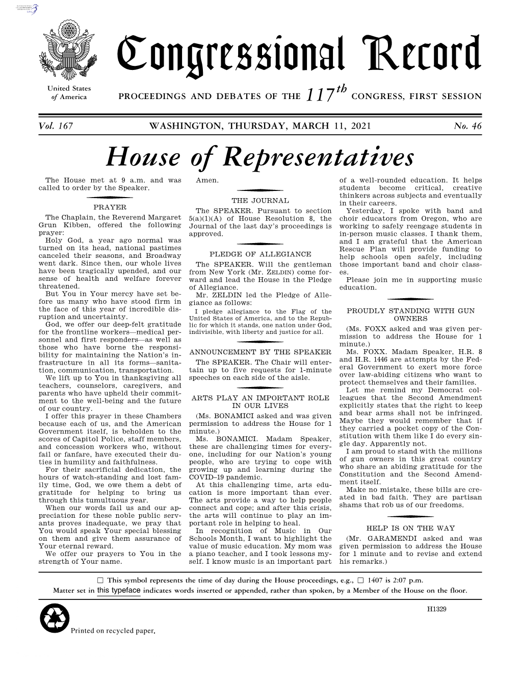 Congressional Record United States Th of America PROCEEDINGS and DEBATES of the 117 CONGRESS, FIRST SESSION