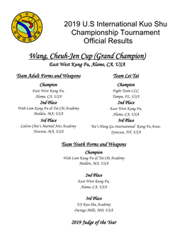 2019 Official Tournament Results