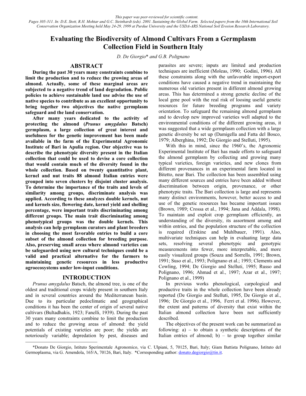 Evaluating the Biodiversity of Almond Cultivars from a Germplasm Collection Field in Southern Italy D