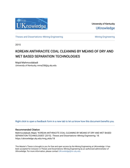 Korean Anthracite Coal Cleaning by Means of Dry and Wet Based Separation Technologies