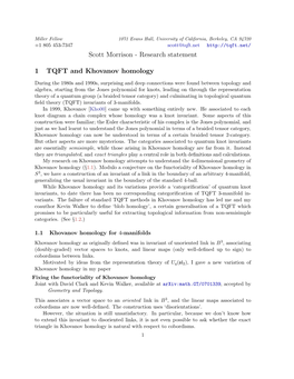 Research Statement 1 TQFT and Khovanov Homology