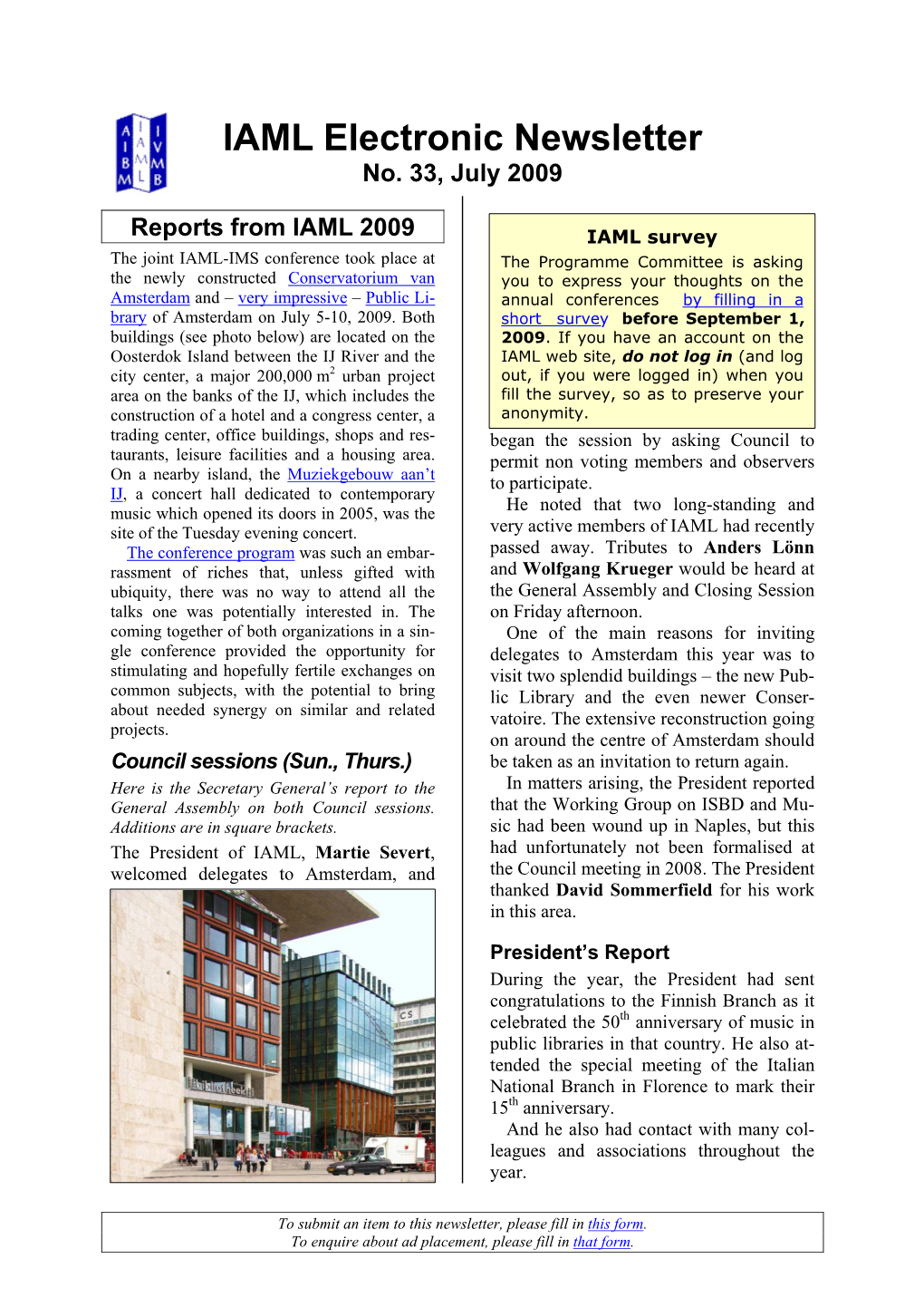 IAML Newsletter N° 33, July 2009