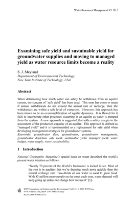 Examining Safe Yield and Sustainable Yield for Groundwater Supplies and Moving to Managed Yield As Water Resource Limits Become a Reality