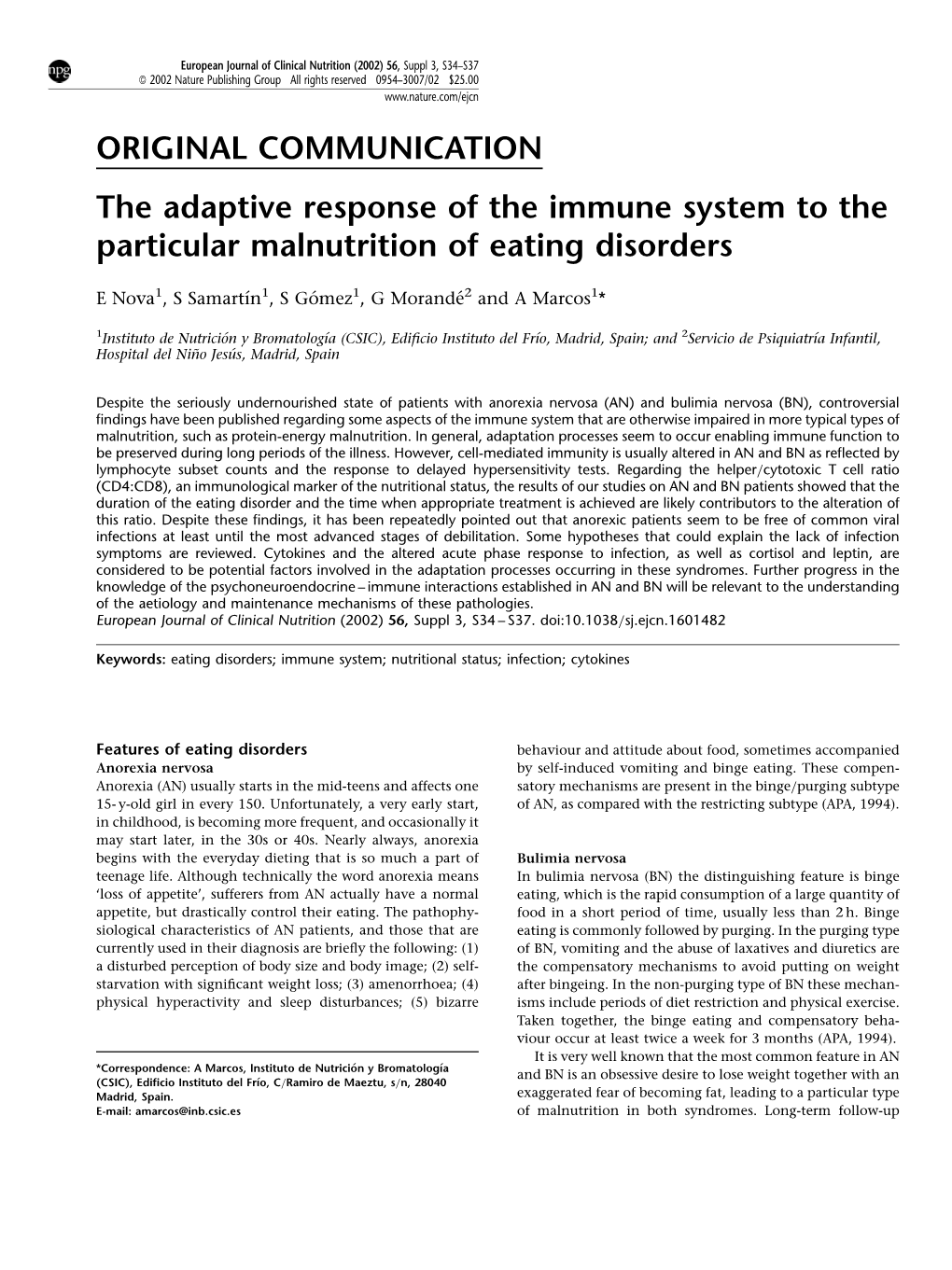 The Adaptive Response of the Immune System to the Particular Malnutrition of Eating Disorders