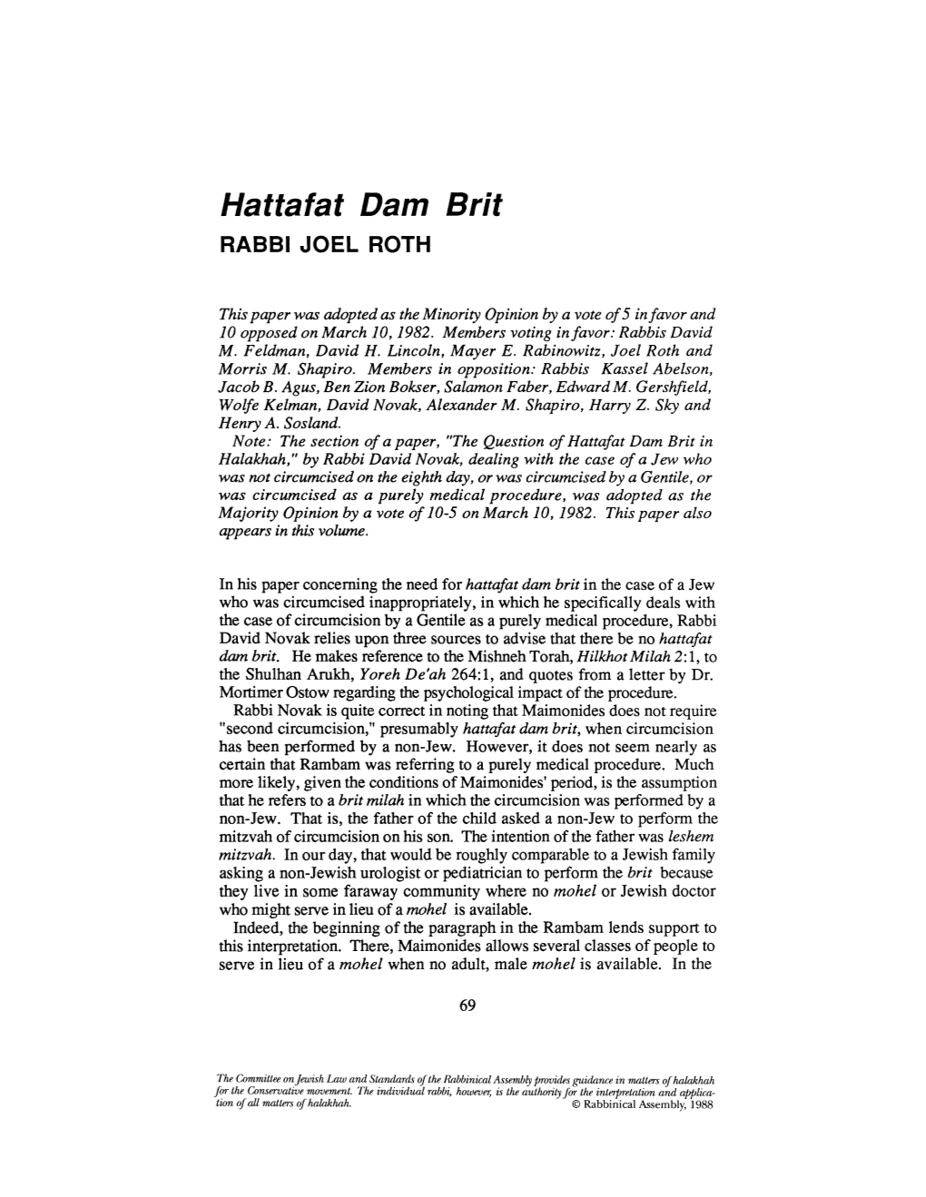 Hattafat Dam Brit RABBI JOEL ROTH