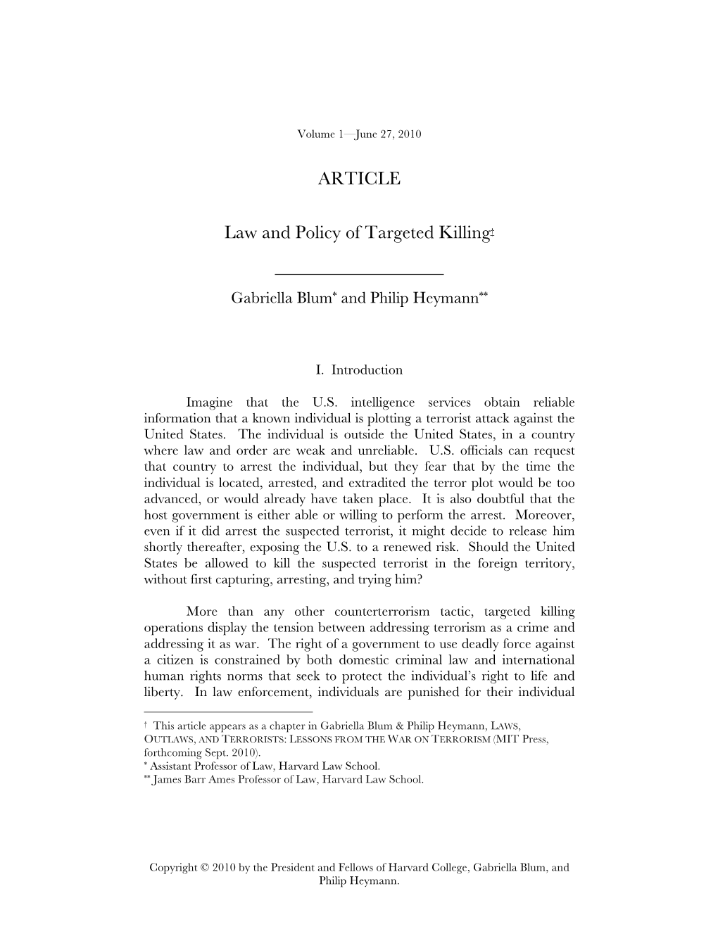 Law and Policy of Targeted Killing, 1 HARV. NAT'l SEC. J