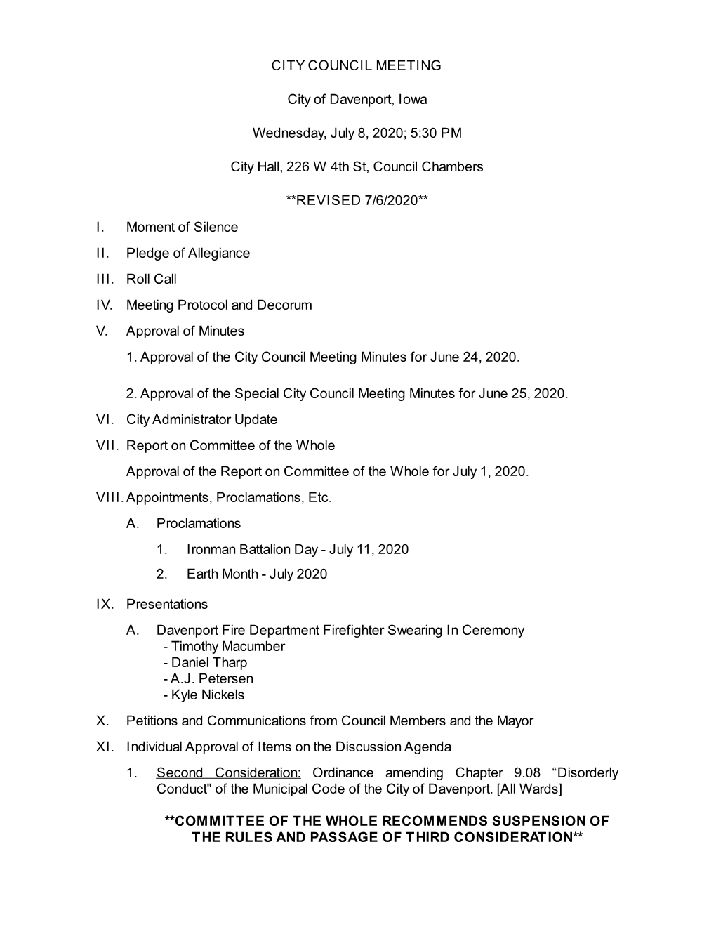 CITY COUNCIL MEETING City of Davenport, Iowa Wednesday, July 8
