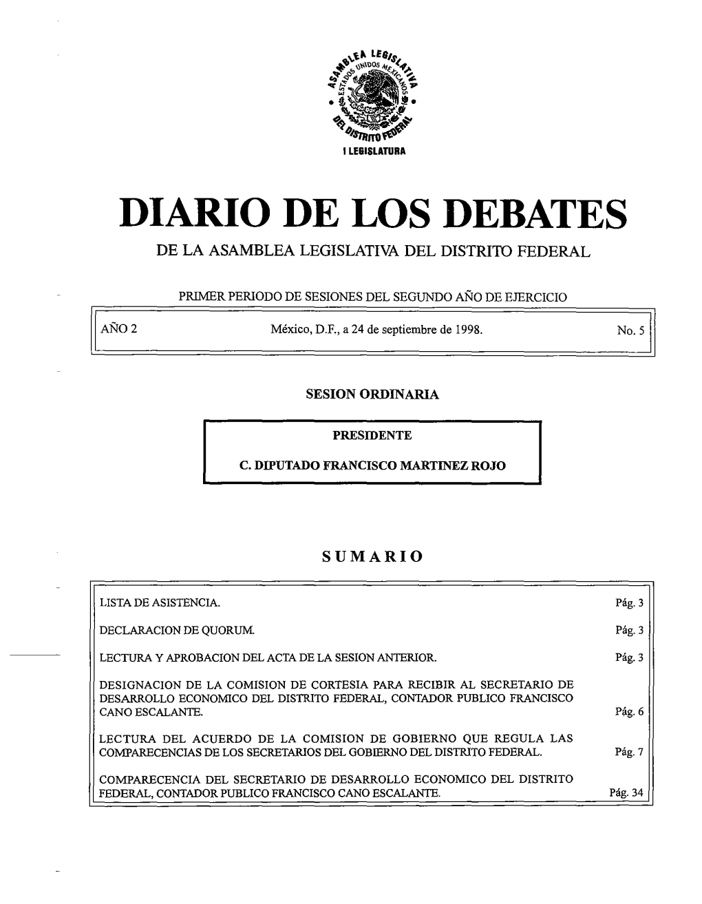 Diario De Los Debates De La Asamblea Legislativa Del Distrito Federal