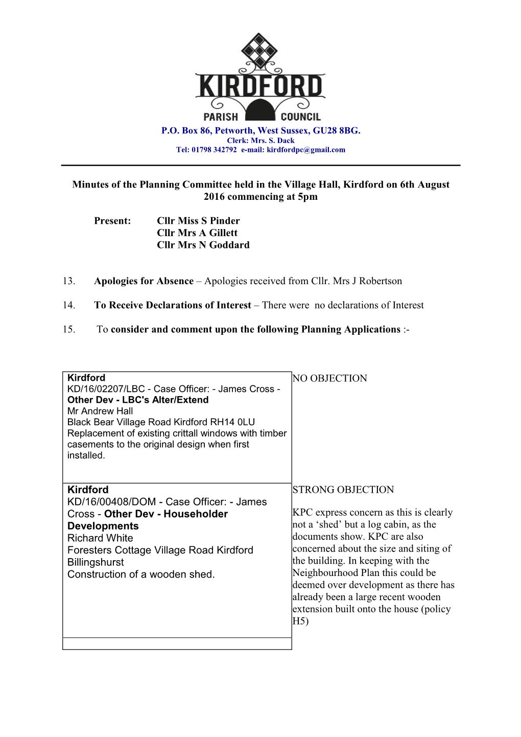 Minutes of the Planning Committee Held in the Village Hall, Kirdford on 6Th August 2016 Commencing at 5Pm