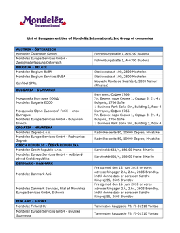 List of European Entities of Mondelēz International, Inc Group of Companies
