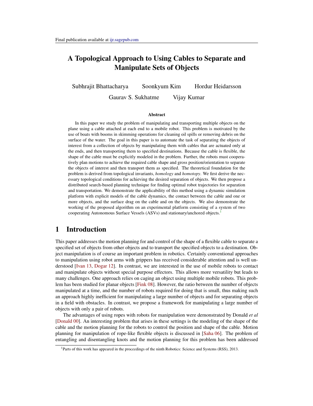 A Topological Approach to Using Cables to Separate and Manipulate Sets of Objects