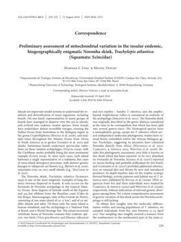 Preliminary Assessment of Mitochondrial Variation in the Insular Endemic, Biogeographically Enigmatic Noronha Skink, Trachylepis Atlantica (Squamata: Scincidae)