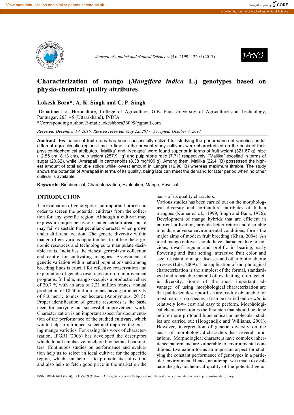 Characterization of Mango ( Mangifera Indica