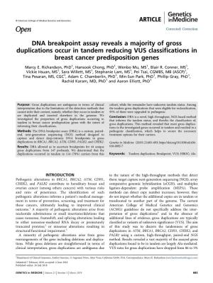DNA Breakpoint Assay Reveals a Majority of Gross Duplications Occur in Tandem Reducing VUS Classifications in Breast Cancer Predisposition Genes
