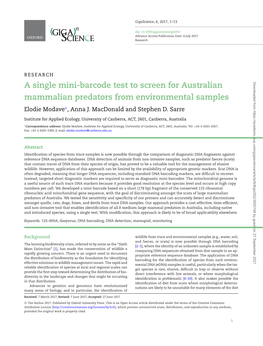 A Single Mini-Barcode Test to Screen for Australian Mammalian Predators from Environmental Samples Elodie Modave∗, Anna J