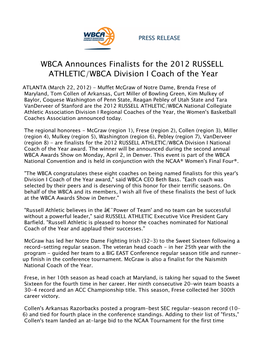 WBCA Announces Finalists for the 2012 RUSSELL ATHLETIC/WBCA Division I Coach of the Year