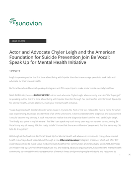 Actor and Advocate Chyler Leigh and the American Foundation for Suicide Prevention Join Be Vocal: Speak up for Mental Health Initiative