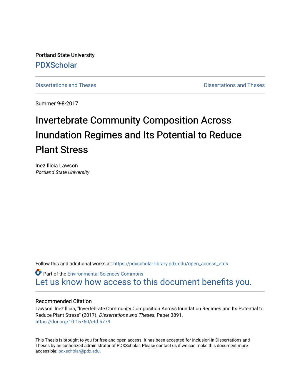 Invertebrate Community Composition Across Inundation Regimes and Its Potential to Reduce Plant Stress