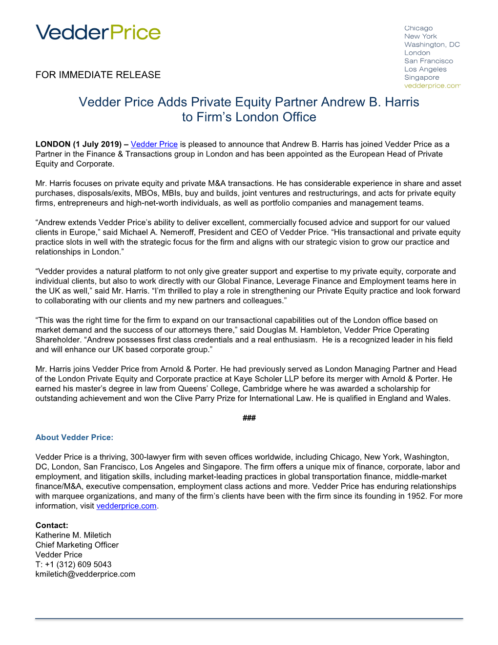 Vedder Price Adds Private Equity Partner Andrew B. Harris to Firm's